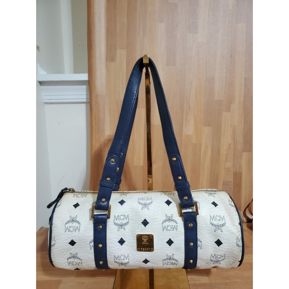 MCM Visetos White/Blue Essential Barrel Bag - Picture 1 of 9
